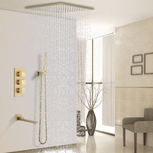 Polished Gold- Brushed Gold 3 Way Thermostatic Wall and ceiling Mount Completed Shower Kit