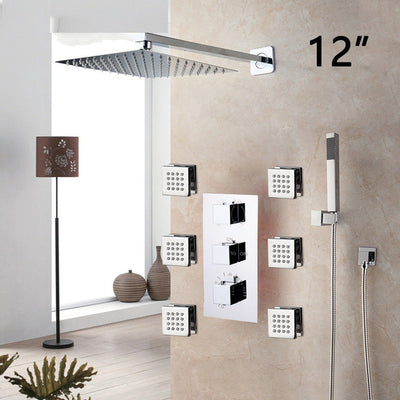 Chrome CSA- Square Rainfall Thermostatic Valve Mixer Tap W/ 6 Message Jets Shower Mixer Set