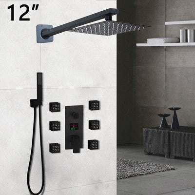 Black LCD Temperature Control Display 3 Way Mixer Valve Shower With 6 Body Sprayer Massage Jet Kit-CSA