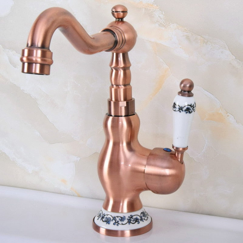 Victorian Copper Satin with porcelain handle single hole bathroom faucet