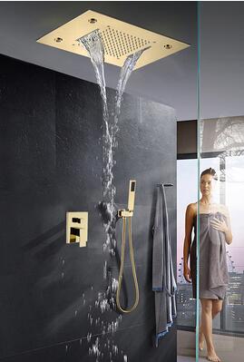 Gold Polished Ceiling Flushmount LED-Waterfall Raind Head Size  20"X 14"  or 4 Way Mixer Valve Thermostatic Shower Kit