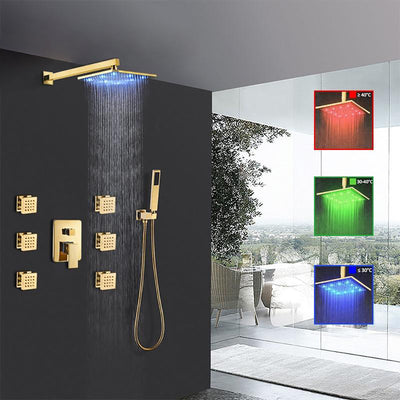 Gold Polished LED Square Rain Head 3 Way Mixer Valve Thermostatic Shower With 6 Body Jet Massage Sprayer Kit