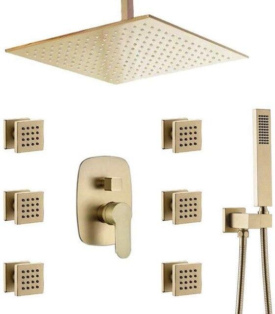 Brushed gold 12" Rain Shower 3 Way diverter System with body jets Kit