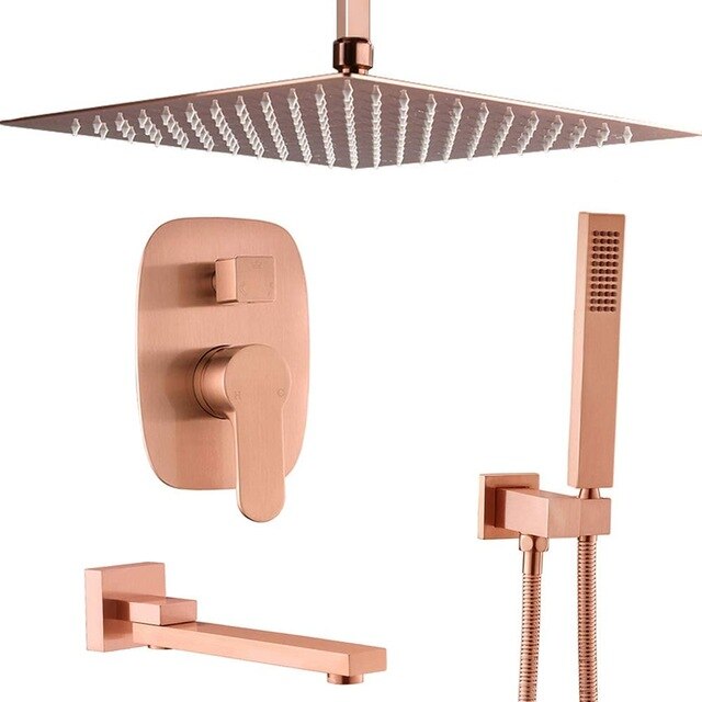 Copper Satin Square Ceiling mount 12 Inch Rain Head 3 Way Function Diverter Pressure Balance Shower Kit