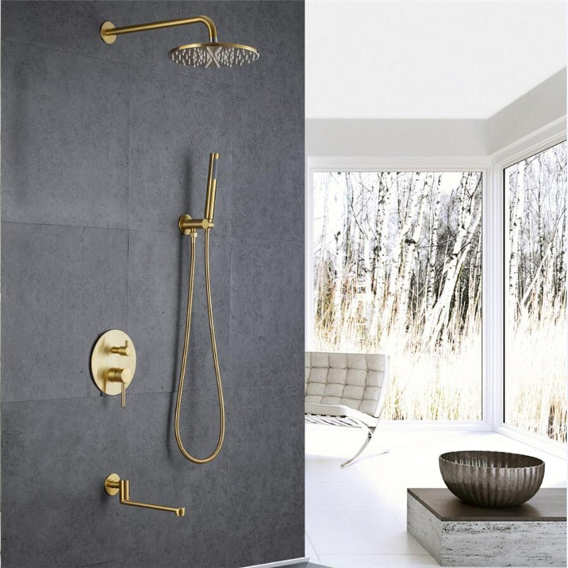 Brushed Gold Round 10 Inch Rain Head 3 Way Diverter & Tub Filler Shower Kit