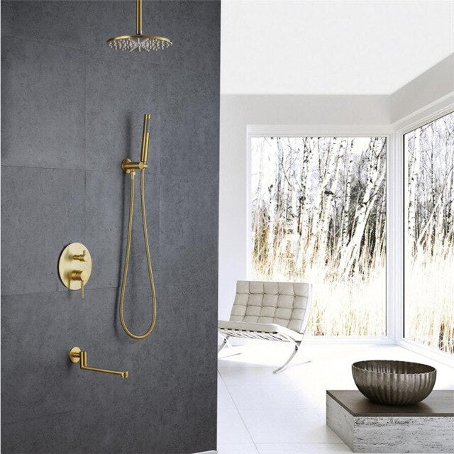 Brushed Gold Round 10 Inch Rain Head 3 Way Diverter & Tub Filler Shower Kit