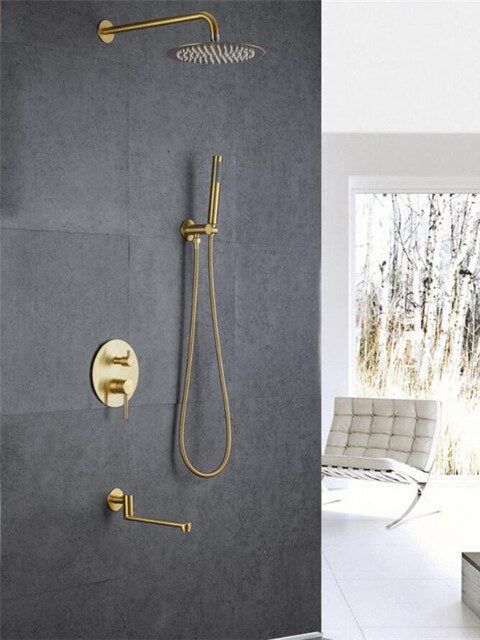 Brushed Gold Round 10 Inch Rain Head 3 Way Diverter & Tub Filler Shower Kit