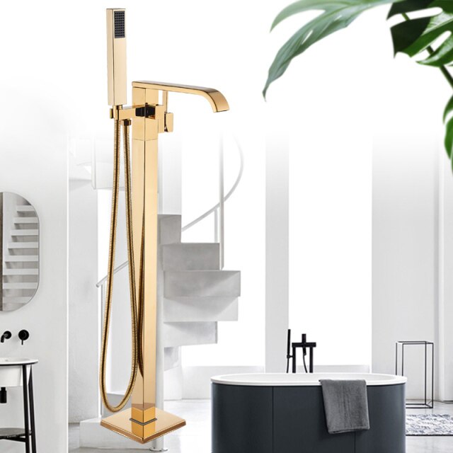 Gold polished free standing tub filler faucet set