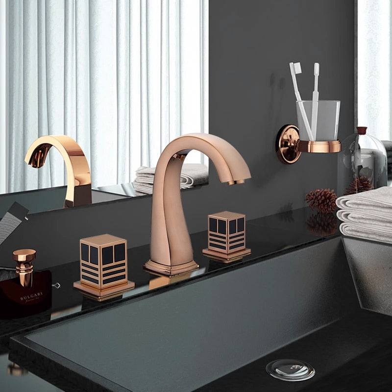 Madrid-Rose Gold -Black Square 8" Inch wide spread bathroom faucet