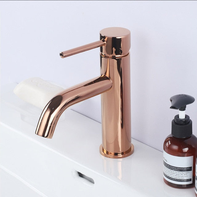 Brushed gold tall and short single hole bathroom faucet