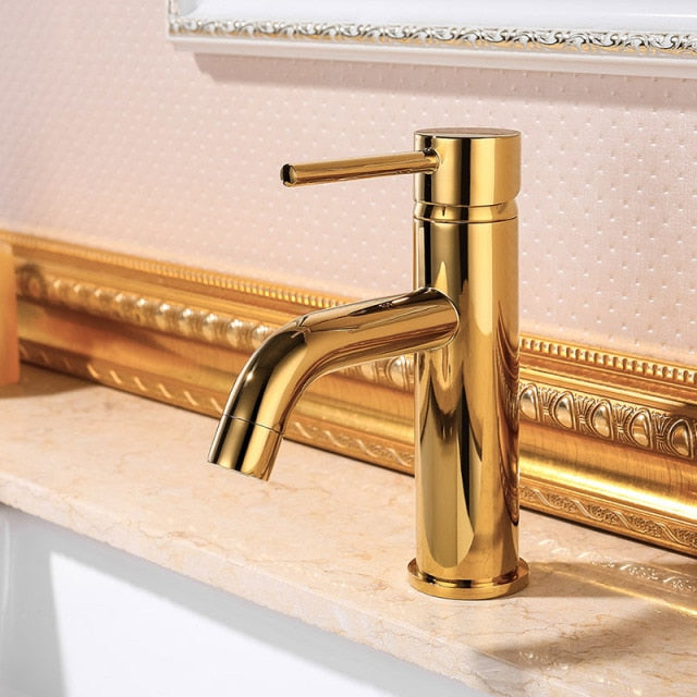 Brushed gold tall and short single hole bathroom faucet