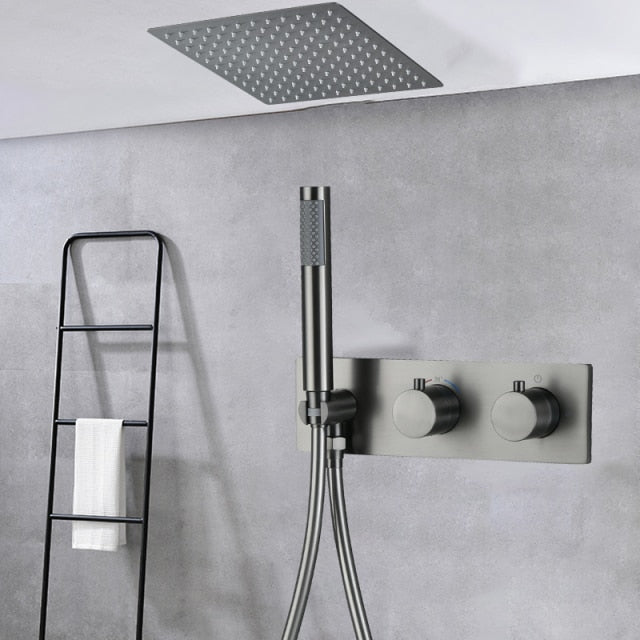 Brushed gold-Metal Grey 12"x12" Ceiling Flush Mount 2 Way Diverter Shower Kit