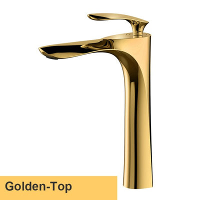 White with gold single hole bathroom faucet short and tall