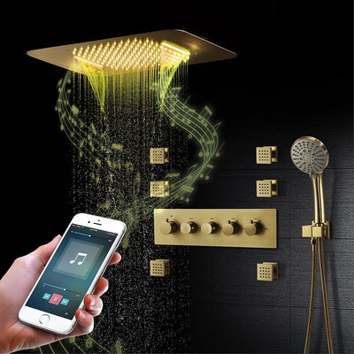 Brushed Gold Thermostatic Shower System Smart LED 23"x15" Ceiling Rain Shower Panel 5 function diverter, hand spray and 6 jet massage spray spa system set