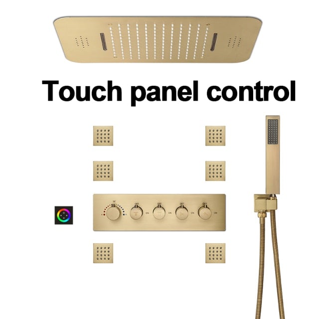 Brushed Gold Thermostatic Shower System Smart LED 23"x15" Ceiling Rain Shower Panel 5 function diverter, hand spray and 6 jet massage spray spa system set