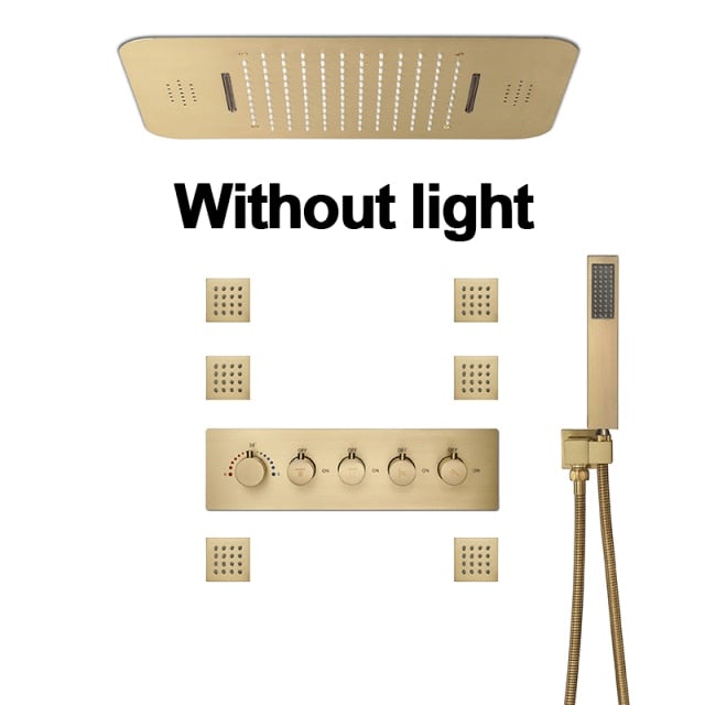 Brushed Gold Thermostatic Shower System Smart LED 23"x15" Ceiling Rain Shower Panel 5 function diverter, hand spray and 6 jet massage spray spa system set