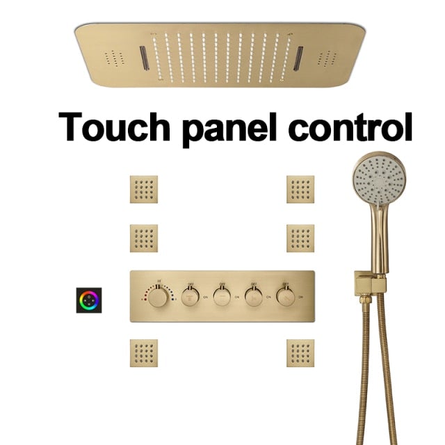 Brushed Gold Led touch control 23"x15" ceiling flushmount rain,waterfall,led light ambiance 5 way function diverter with hand spray and 6 body jet massage spa system