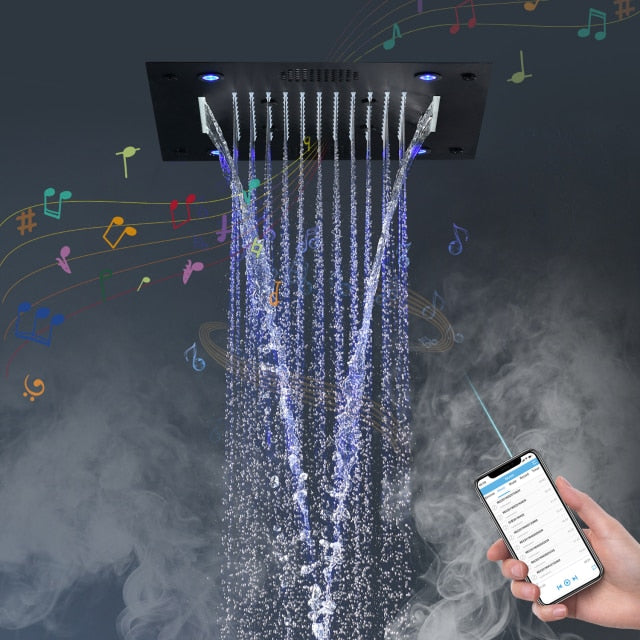 24"x24" Black matte Spa smart Bluetooth music shower ceiling flushmounted Ceiling  LED 5 way function shower system