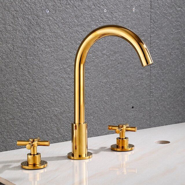 Gold polished 8" Inch cross handle wide spread bathroom faucet