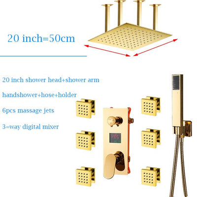 Gold polished led power 3 way function diverter control with 6 body jets shower kit