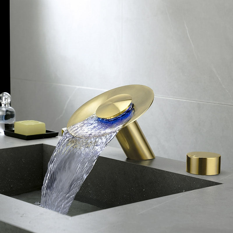 Brushed gold 8" inch wide spread waterfall bathroom faucet