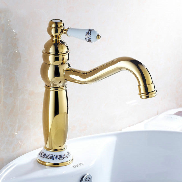 Rose Gold-Gold Polished with Porcelain Victorian single hole bathroom faucet