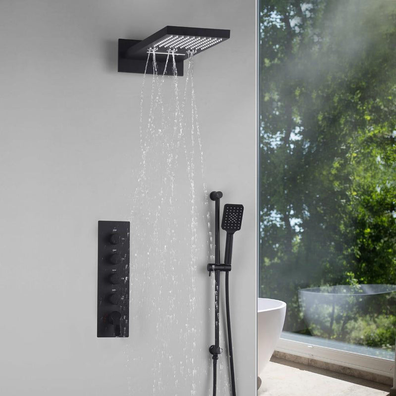 Black 22"Waterfall Rain Thermostatic Shower System 4 Way Function Completed Set