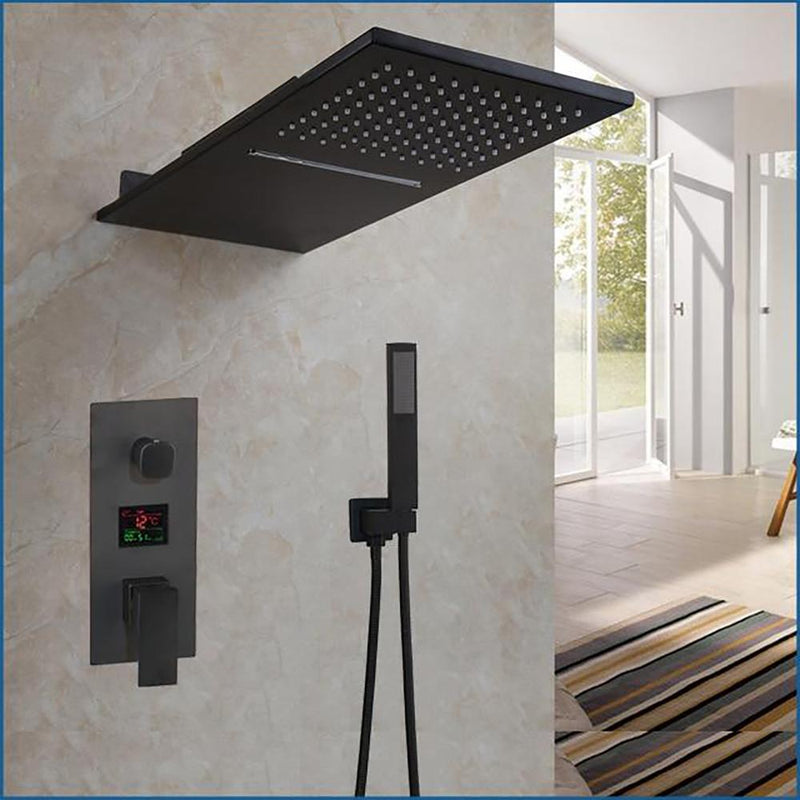 Matte Black Waterfall - Rain LCD Temperature Display 2 Way Pressure Balance Shower Kit