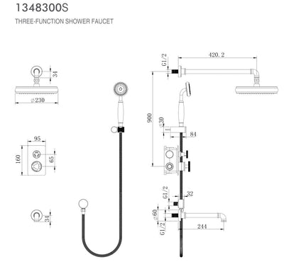 Polished Brass Gold-Victorian Industrial Style 3 Way Function Thermostatic Shower with tub filler completed Kit