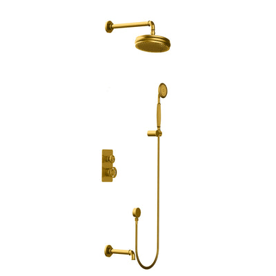 Polished Brass Gold-Victorian Industrial Style 3 Way Function Thermostatic Shower with tub filler completed Kit