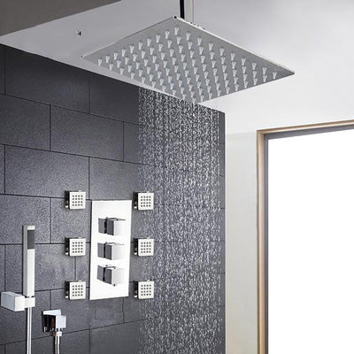 Chrome Square Ceiling Mounted Rainfall Thermostatic Valve Mixer Tap W/ 6 Message Jets Shower Kit