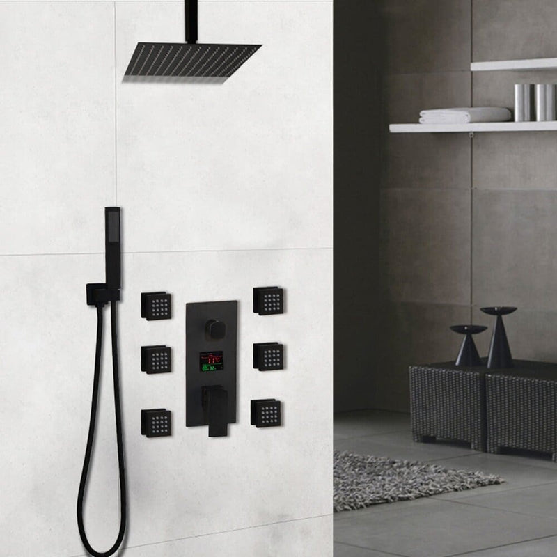TOKYO 2.0 -Black Matte LCD control 3 way diverter function, hand spray and 6 body jets shower kit