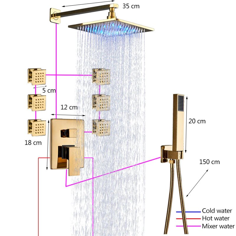 Gold Polished LED Square Rain Head 3 Way Mixer Valve Thermostatic Shower With 6 Body Jet Massage Sprayer Kit