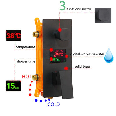 Matte Black Square 16"-12" Rain Head 3 LCD  PB temperature control way function diverter with hand spray and 6 body jets