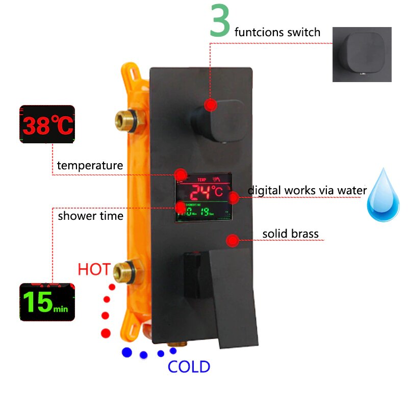 Matte Black Square 16"-12" Rain Head 3 LCD  PB temperature control way function diverter with hand spray and 6 body jets