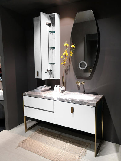 Bisoni- White matte with brushed gold steel metal trim freestanding with Quartz top vanity set with led mirror -55"