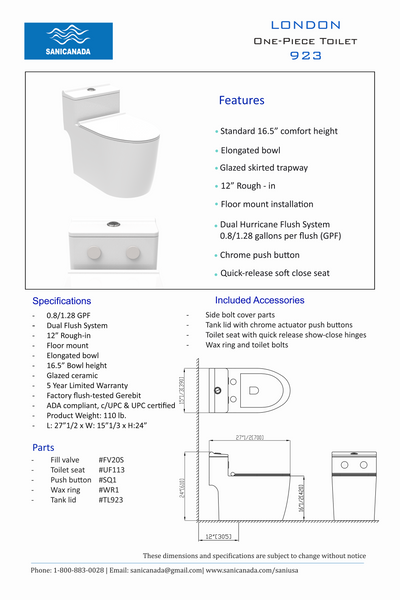 Lialto- One piece toilet water saver dual flush 2/4 liters model 923-Pick up at the store only