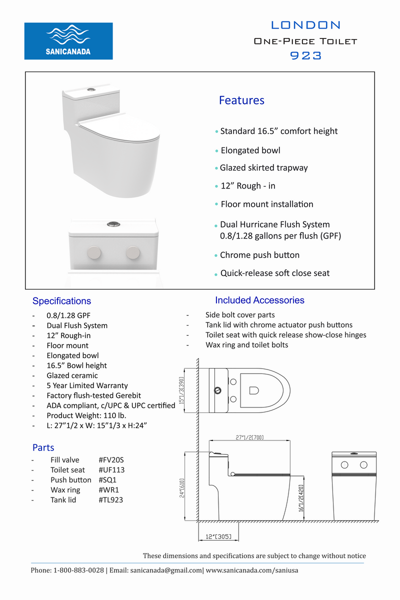 Lialto- One piece toilet water saver dual flush 2/4 liters model 923-Pick up at the store only