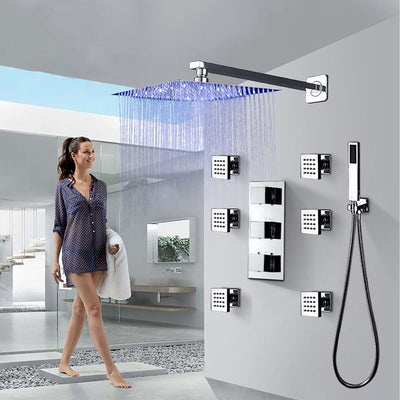 Chrome Square Design Ceiling Mount 3 Way Thermostatic With 6 Body Jet Massage Sprayer Jets Shower Kit