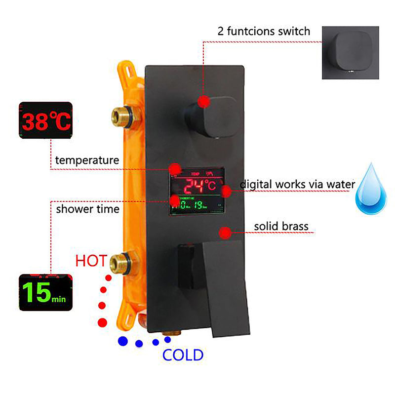TOKYO-Black LCD Temperature Control Display 3 Way Mixer Valve Shower With 6 Body Sprayer Massage Jet Kit