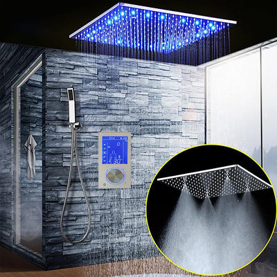 LED 20 Inch Ceiling Mount Rain and Mist Shower Head 2 Way Mixer Valve LCD Display Thermostatic Shower Kit