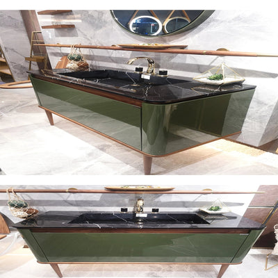 TURIN-Dark Green Gloss Double Sink with solid walnut wood interior 2 front legs vanity set 60."