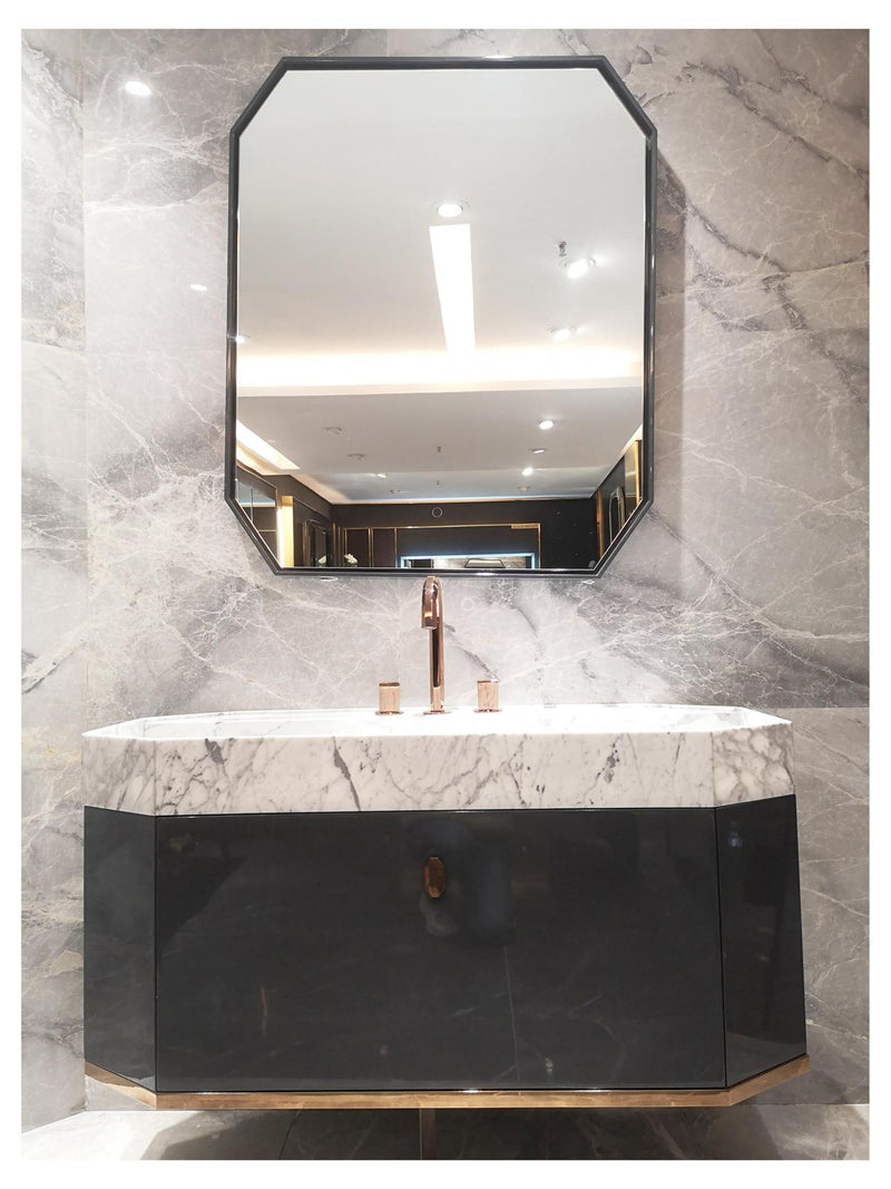 NORDIC-Dark Grey Gloss Wall Hung Mounted  Bathroom Vanity with One piece Marble Top and Brushed gold trim 48"x19"