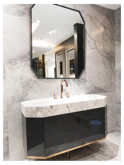 NORDIC-Dark Grey Gloss Wall Hung Mounted  Bathroom Vanity with One piece Marble Top and Brushed gold trim 48"x19"