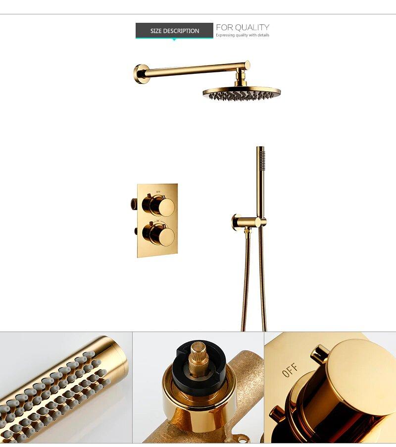 Gold Polished Brass 16"-12"-10- Inch Round Rain Head -Thermostatic Shower 2 Way Function Diverter Shower Kit