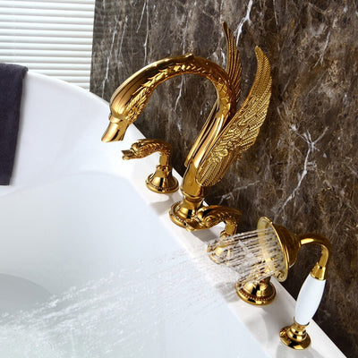 Gold polished pvd platted 5 pieces deck mount bathtub filler faucet kit