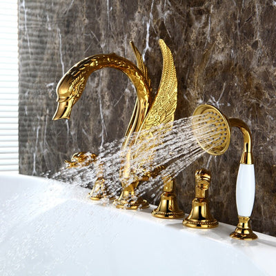 Gold polished pvd platted 5 pieces deck mount bathtub filler faucet kit