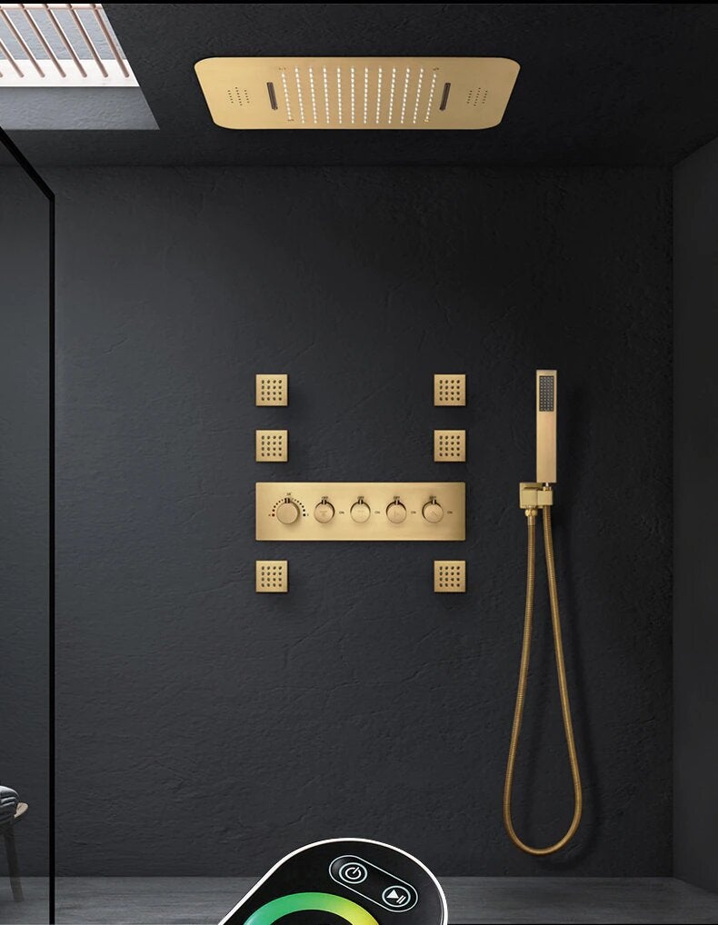 Brushed Gold Thermostatic Shower Spa System Smart LED 23"x15" Ceiling Rain Shower Panel Bluetooth Music