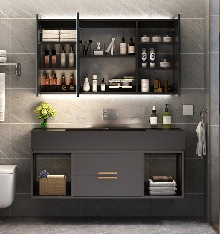 BARI-Grey Gun Wallhung bathroom vanity with Quartz Dark Grey Top Set  48" x 19"