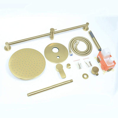 Brushed Gold - Round 12 Inch Rain Shower Head 2 Way Diverter Pressure Balance Shower Kit